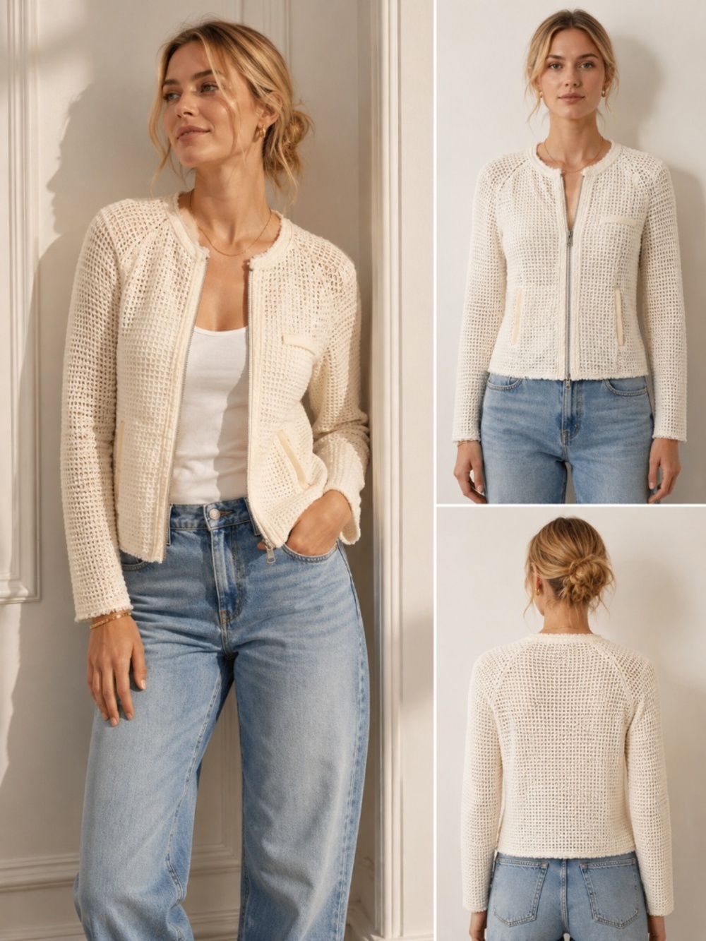PAIGE Cream Knit Zip-Front Cardigan
